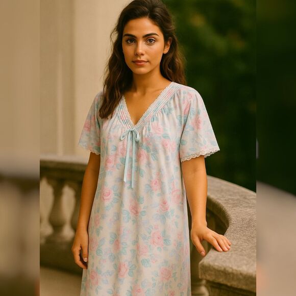 NWT Vtg Miss Elaine Floral Nightgown XL Sleepwear Pastel Pink Blue Cottagecore - Picture 1 of 7